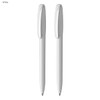 A set of two white plastic pens with a smooth design. Each pen features a logo.