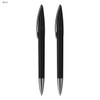 A set of two black plastic pens with silver accents, featuring a sleek design and branding.