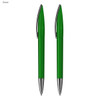 A green pen gift set featuring two plastic pens with silver accents and a branding logo.