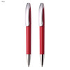 A set of two red plastic pens with chrome accents and a sleek design, featuring a logo.
