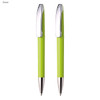 A set of two green plastic pens with chrome accents and a smooth, contoured design.