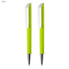 A set of two green plastic pens with white accents and a branding logo on the barrel.