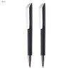 Two black plastic pens with a textured grip and shiny silver tips, featuring a branding logo.