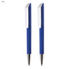 A set of two blue plastic pens with white accents and a logo on the clip.