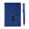 A blue notebook with a textured cover and a matching blue pen. The set includes a pocket for storing notes.