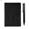 A black notebook with a textured cover and a sleek black pen, featuring a branding logo.