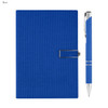A blue notebook with a textured cover and a silver pen, featuring a logo.