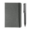 A grey notebook with an elastic band, accompanied by a sleek silver pen. Both are part of the Xander Notebook and Pen Gift Set.