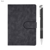 A black notebook with a clasp and a matching pen. Both items are part of a gift set for office use.