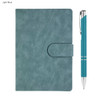A light blue notebook with a clasp and a matching pen, featuring a silver trim. The set includes a logo.