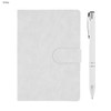 A white notebook with a clasp and a matching white pen, both featuring a logo.