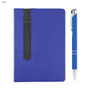 A blue notebook with a pocket and a matching blue pen, featuring a logo.