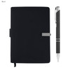 A black notebook with a pen, featuring a metallic clip and a sleek design, suitable for business use.