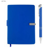 A light blue notebook with a silver clasp and a matching pen, presented as a gift set.