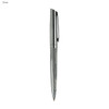A silver metal pen with a textured grip and a clip, featuring a sleek and modern design.