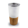 A drink bottle featuring a white upper with a bamboo lower section and a clear lid. It includes a logo.