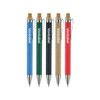 A set of five recycled cardboard pens in green, blue, black, brown, and red, with clips and branding on the barrel.