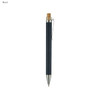 A black recycled cardboard pen with a bamboo top and a silver clip. It features a logo on its side.