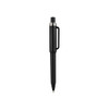 A black plastic pen with a silver clip and detailing, featuring a simple, sleek design. It has a logo on the barrel.