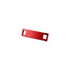 A red rectangular shoelace charm featuring two cut-out holes. It has a shiny finish and a smooth surface.