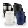 A set of four Crema Double Wall Coffee Mugs in black, white, and navy, featuring a sleek design and a logo.