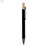 A black metal pen with a natural wood top and a metal clip, featuring a logo.