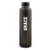 A drink bottle in a sleek black matte finish with a screw-top lid and a logo.