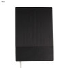 A black A5 notebook with a textured cover and a smooth bottom section. Contains a logo on the front.