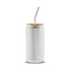 A glass tumbler with a ribbed design, a bamboo lid, and a clear straw. The tumbler holds 550ml.