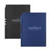 A Malaga Notebook in black and navy blue, featuring a logo on the front cover and a slip design.