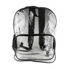A clear stadium backpack with black straps and a front pocket. Features a minimalist design with transparent material.