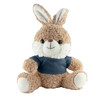 A soft brown rabbit plush toy with white accents and a blue shirt, sitting upright with a friendly expression.