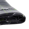 A folded grey beach towel featuring a design in green and white, with a logo visible on the fabric.
