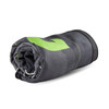 A rolled-up beach towel in grey with green accents, featuring a subtle patterned design and a logo.