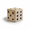 A wooden yard dice set featuring large, polished cubes with black dots on a natural wood finish.