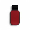 A car visor sunglass holder in red with a black mount. Features a smooth surface and a simple design, includes branding.