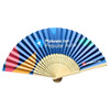 A bamboo paper hand fan featuring blue and multicoloured stripes, with a branded logo on the design.