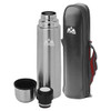 A drink bottle in silver with a stainless steel design, featuring a carrying case and two removable lids.