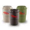 A drink bottle trio in cream, brown, and green, featuring ribbed bases and a logo on the front.