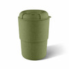 A drink bottle in a muted green colour with a textured ribbed base and a lid, featuring a logo.