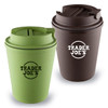 A drink bottle featuring a green and brown design with a lid, displaying a logo on both cups.