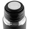 A drink bottle with a black exterior and a silver base, featuring an opening mechanism at the top and a logo.
