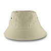 A beige bucket hat with a rounded crown and wide brim, featuring air vents on the sides.