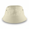 A medium, beige bucket hat featuring ventilation eyelets and a flat brim. It has a branding logo.