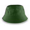 A green bucket hat with a wide brim and eyelets, Featuring a logo on the side.
