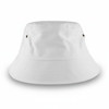 A large white bucket hat featuring eyelets and a wide brim. It includes a logo on the side.