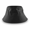 A black bucket hat with a wide brim and ventilation holes, featuring branding on the side.