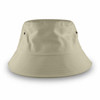 A beige bucket hat with ventilation eyelets and a wide brim. It features a logo on one side.