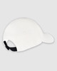 A white cap with a curved brim and an adjustable strap at the back, featuring stitched detailing.