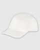 A white performance cap with a curved peak and stitched detailing. The cap features a logo.